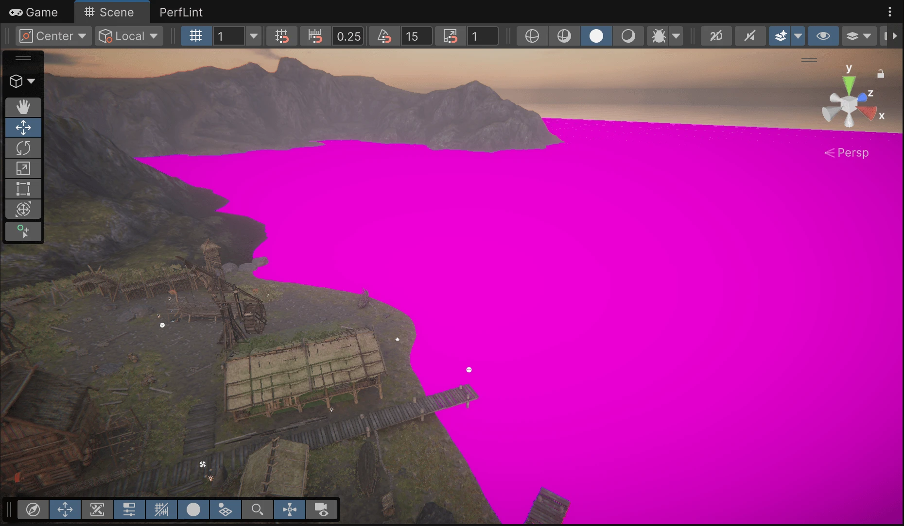Unity scene view: the lake renders as solid magenta after a Unity 6 / URP upgrade — a broken water shader