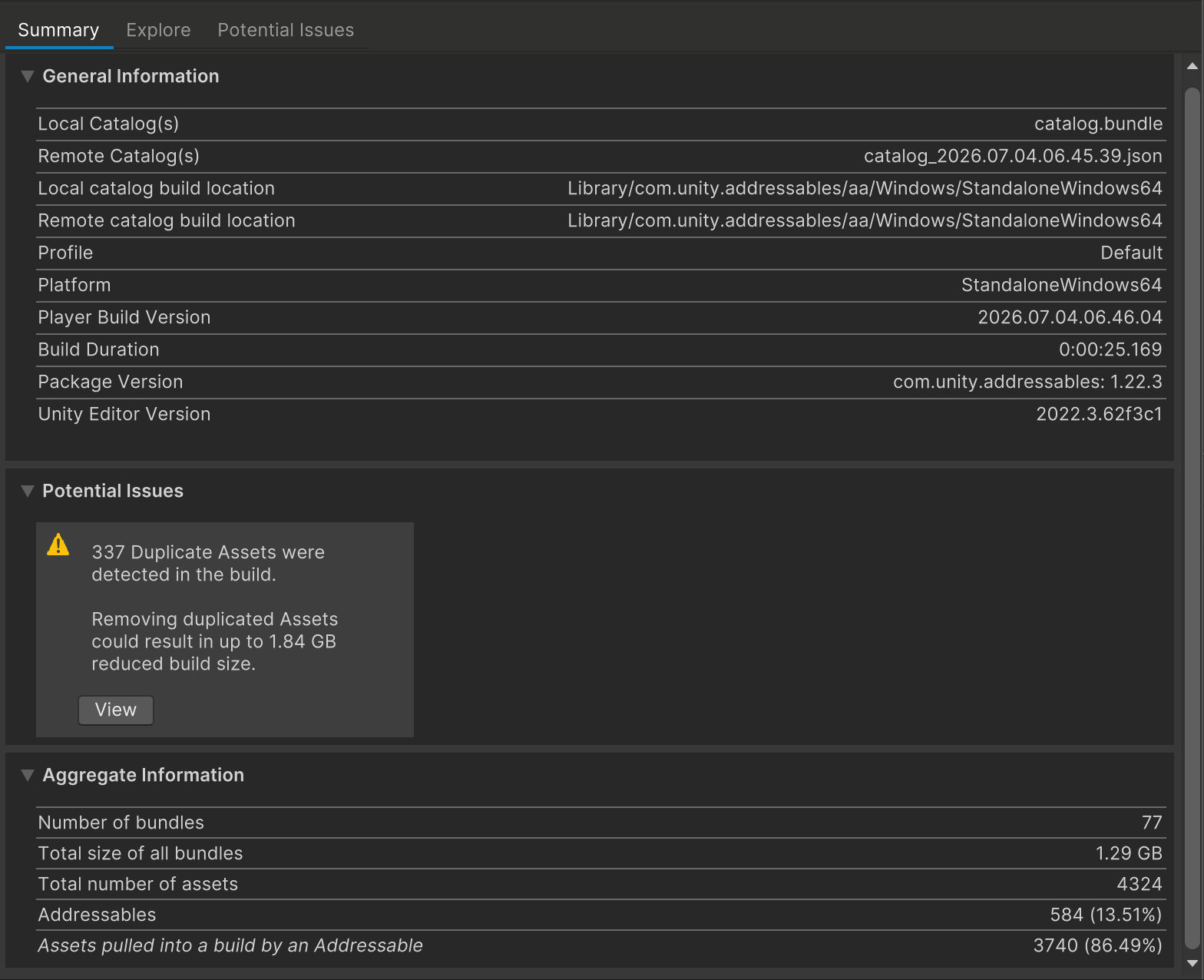 Unity Addressables Build Report before dedup: 337 duplicate assets detected, removing them could save up to 1.84 GB, 77 bundles totaling 1.29 GB