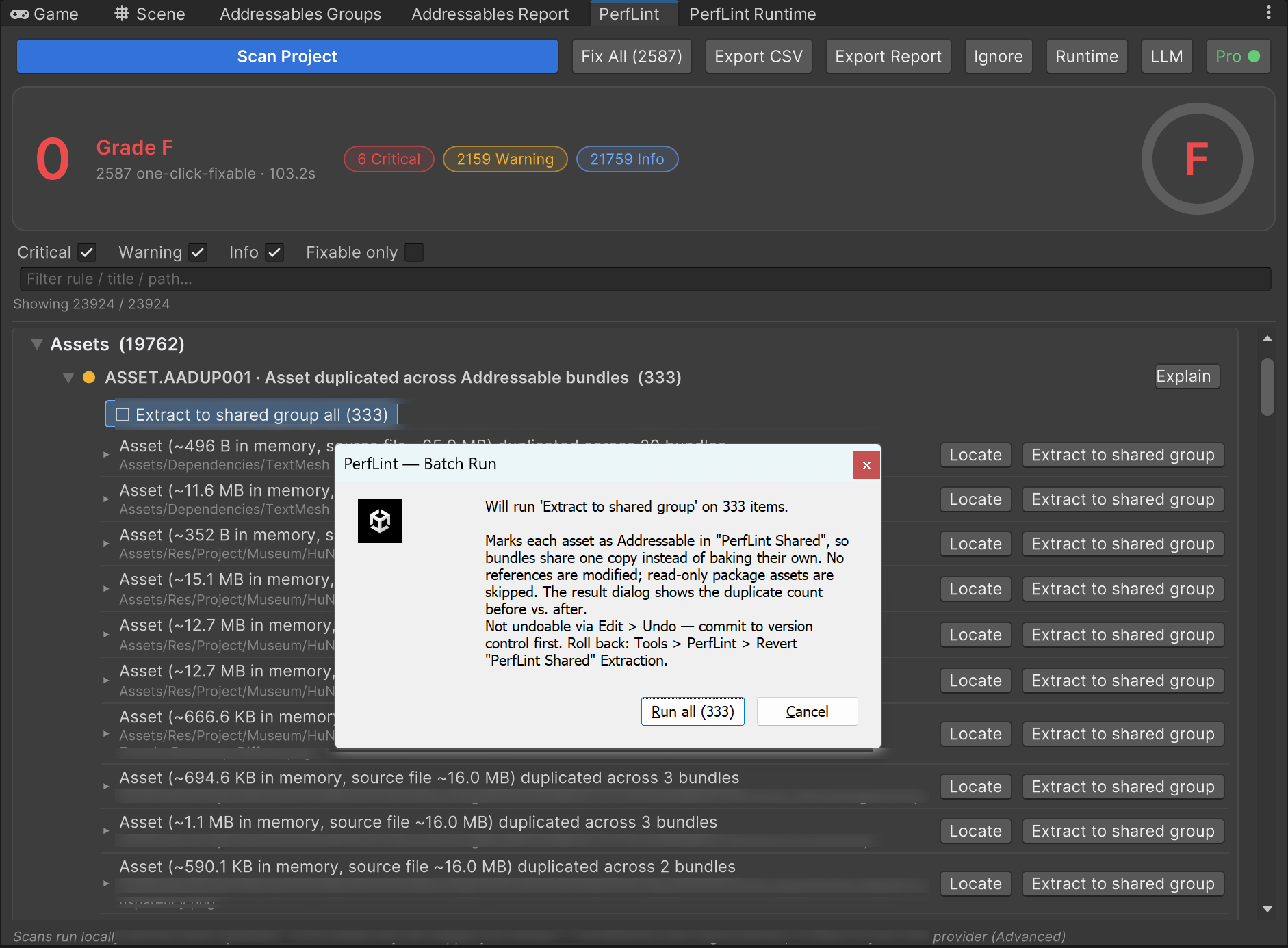 Batch confirmation dialog: extract 333 assets to the PerfLint Shared group — no references modified, read-only package assets skipped, result shows duplicate count before vs after