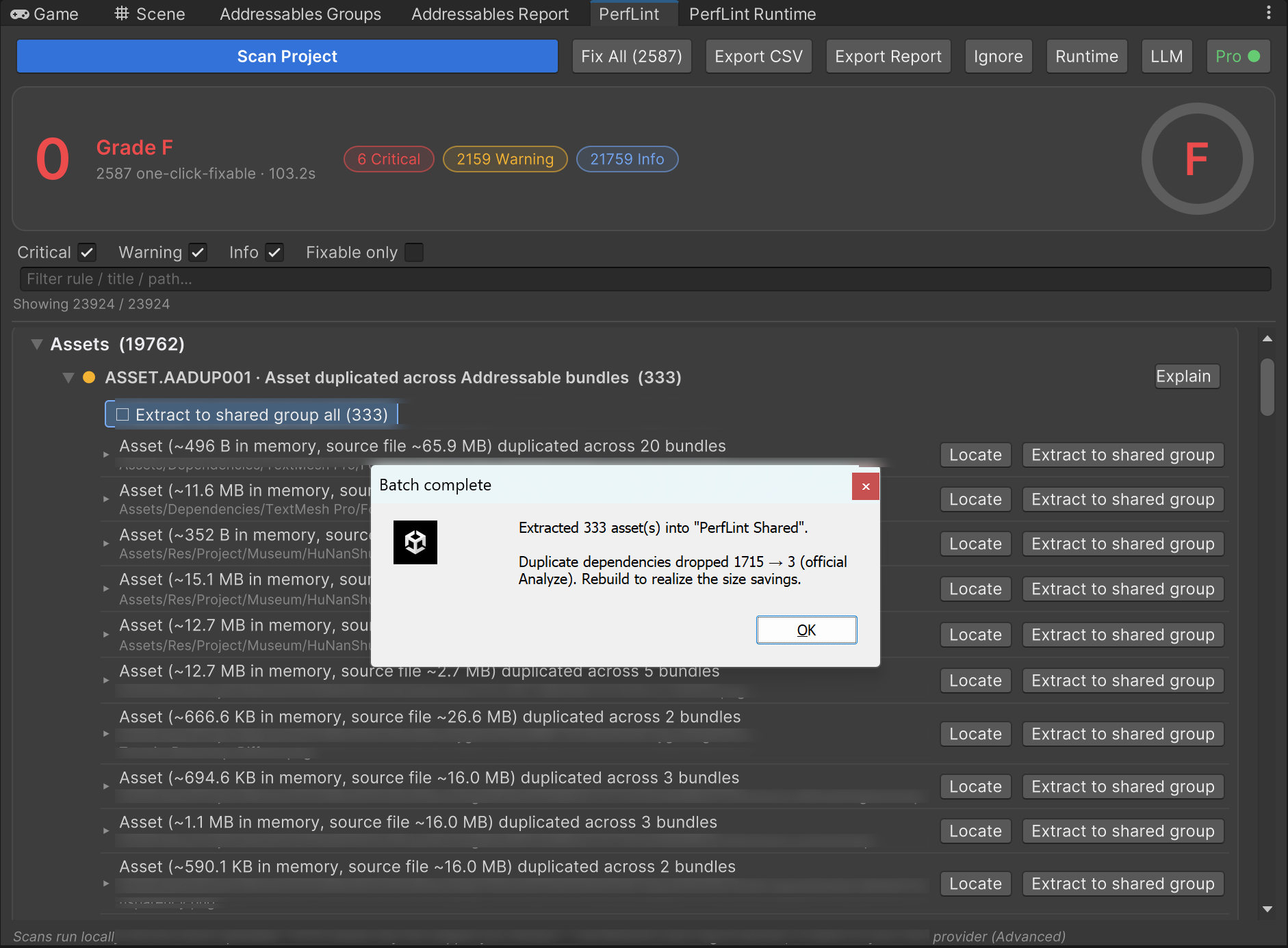 Batch complete dialog: 333 assets extracted, duplicate dependencies dropped from 1715 to 3 by official Analyze
