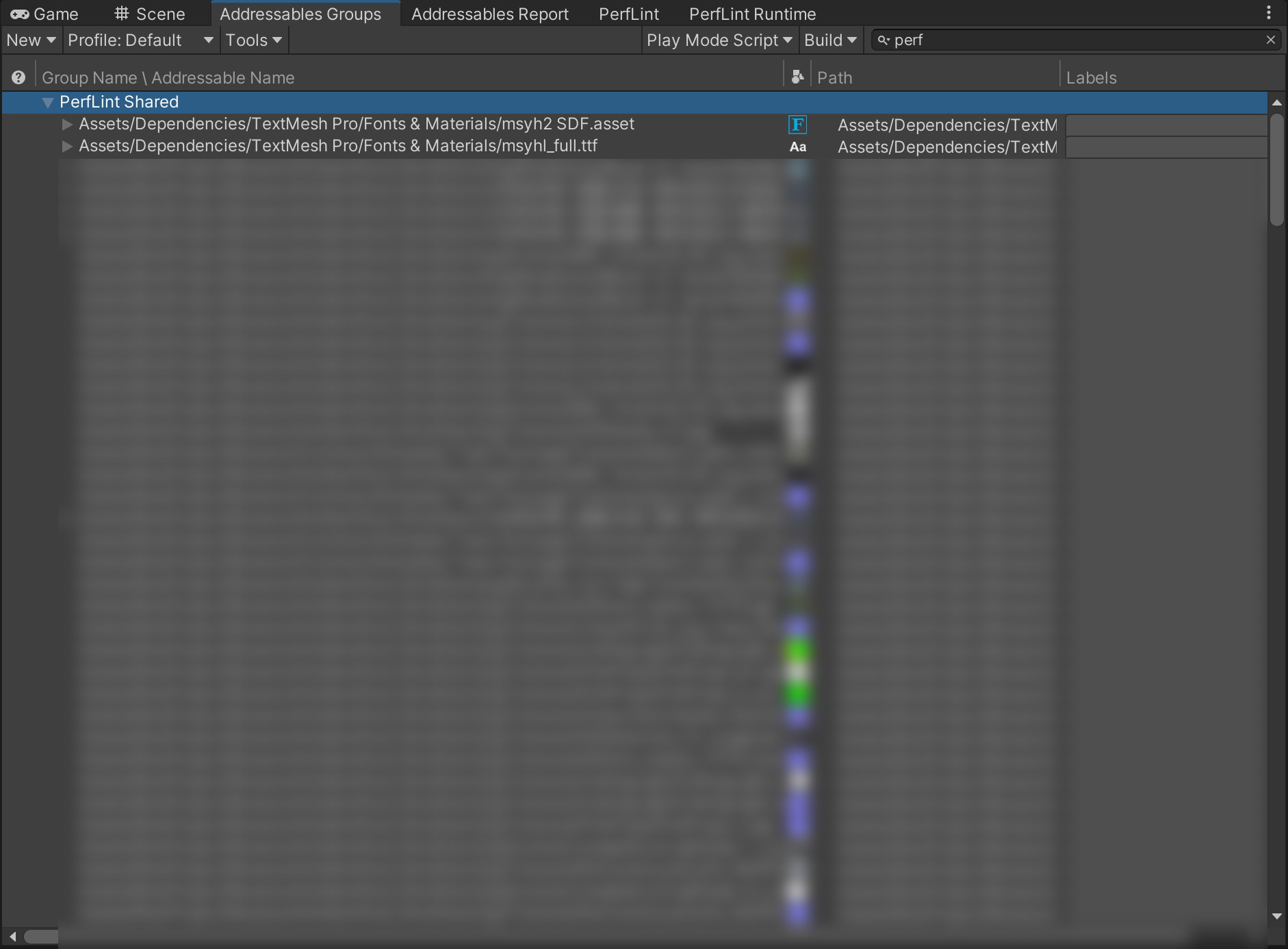 The PerfLint Shared Addressables group holding the extracted assets: TMP fonts, terrain textures, UI sprite sheets