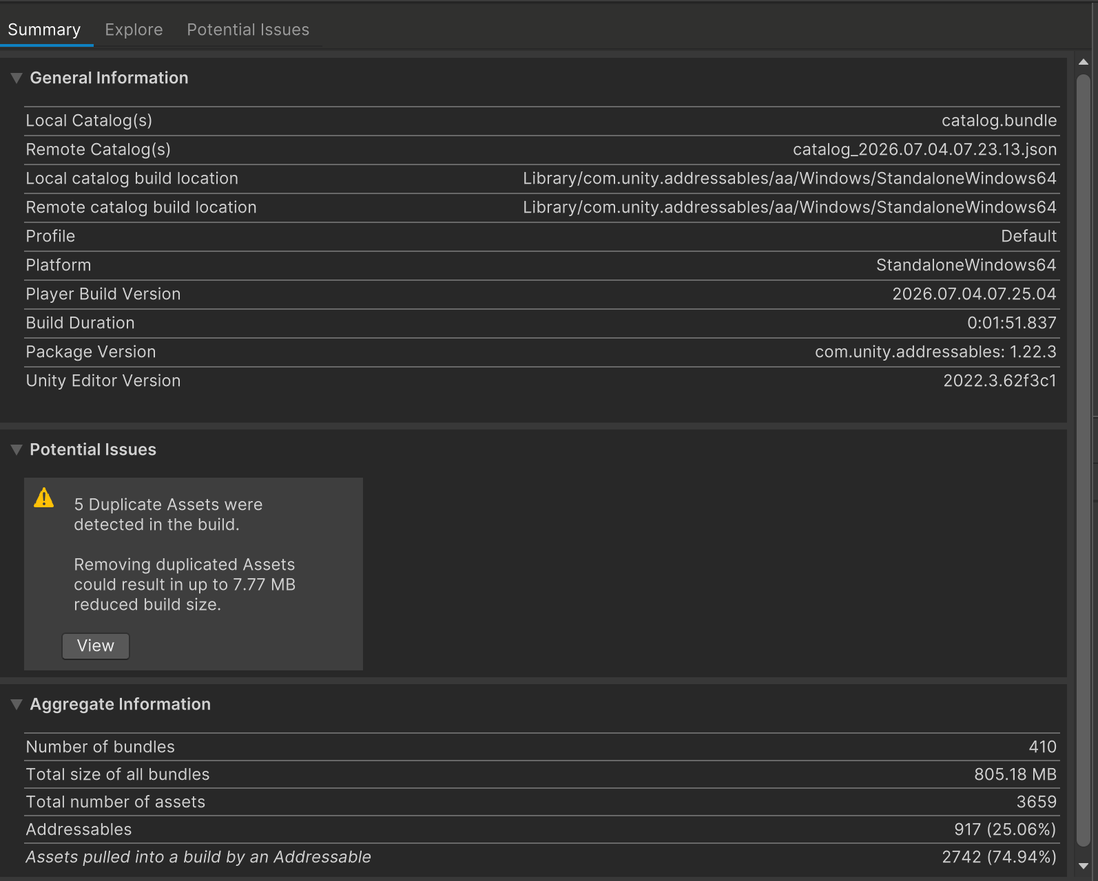 Unity Addressables Build Report after dedup: 5 duplicate assets, up to 7.77 MB potential savings, bundles totaling 805 MB