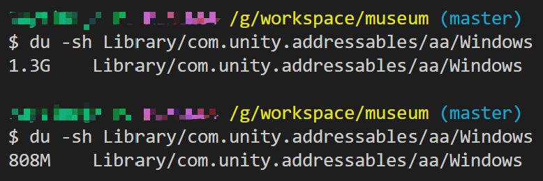 Terminal showing du -sh of the Addressables build output: 1.3G before dedup, 808M after