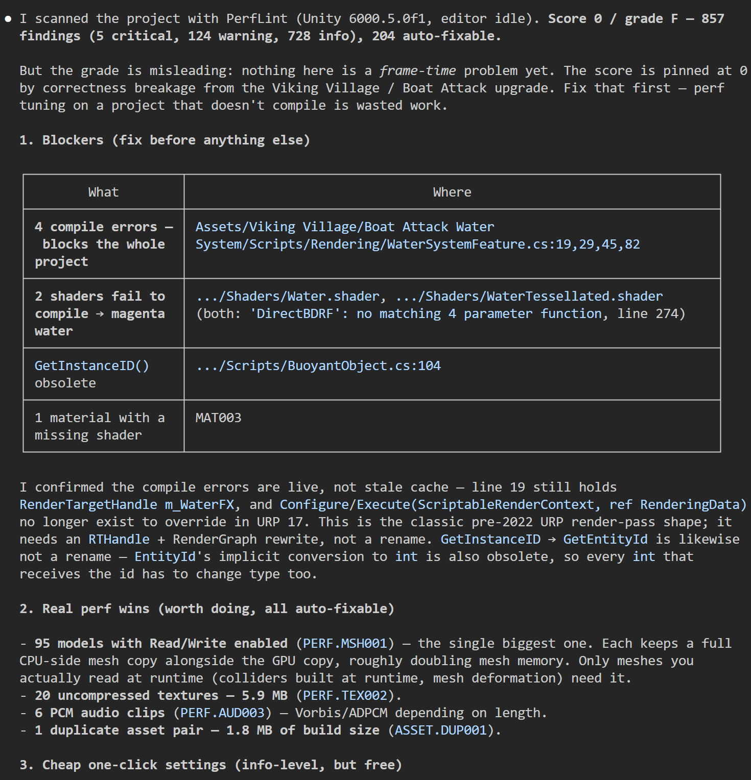 The agent's triage: score 0 / grade F across 857 findings, a table of the five blockers with exact file and line numbers, and a note confirming the compile errors are live rather than stale cache