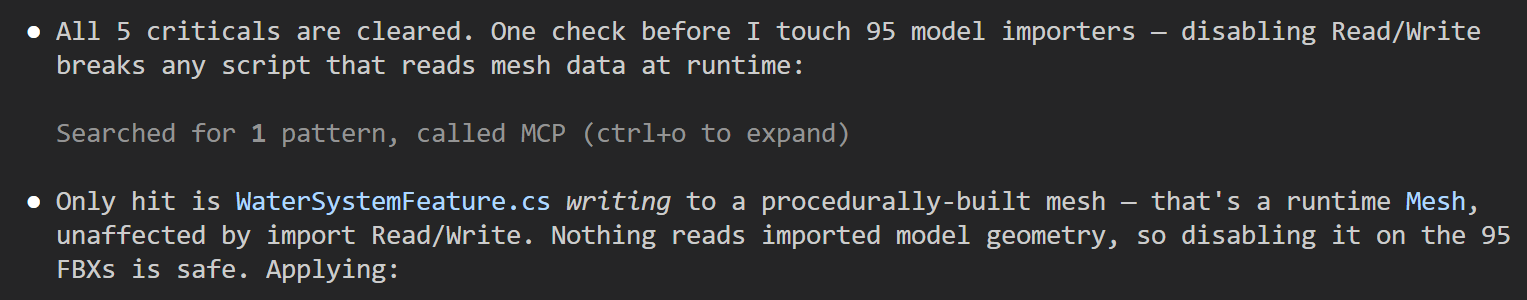 The agent pausing before applying: "One check before I touch 95 model importers — disabling Read/Write breaks any script that reads mesh data at runtime", a code search, then the conclusion that the only hit writes to a procedural mesh so disabling it on the 95 FBXs is safe