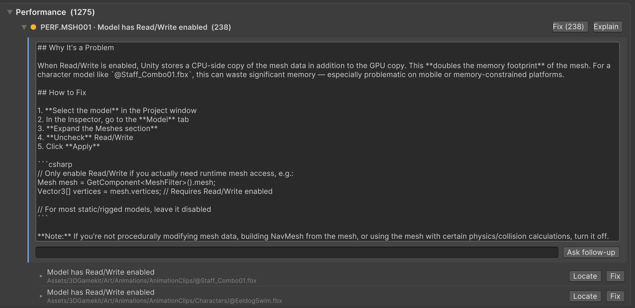 Memory Profiler after disabling Read/Write on all 238 models: Mesh still ~1.19 GB, essentially unchanged