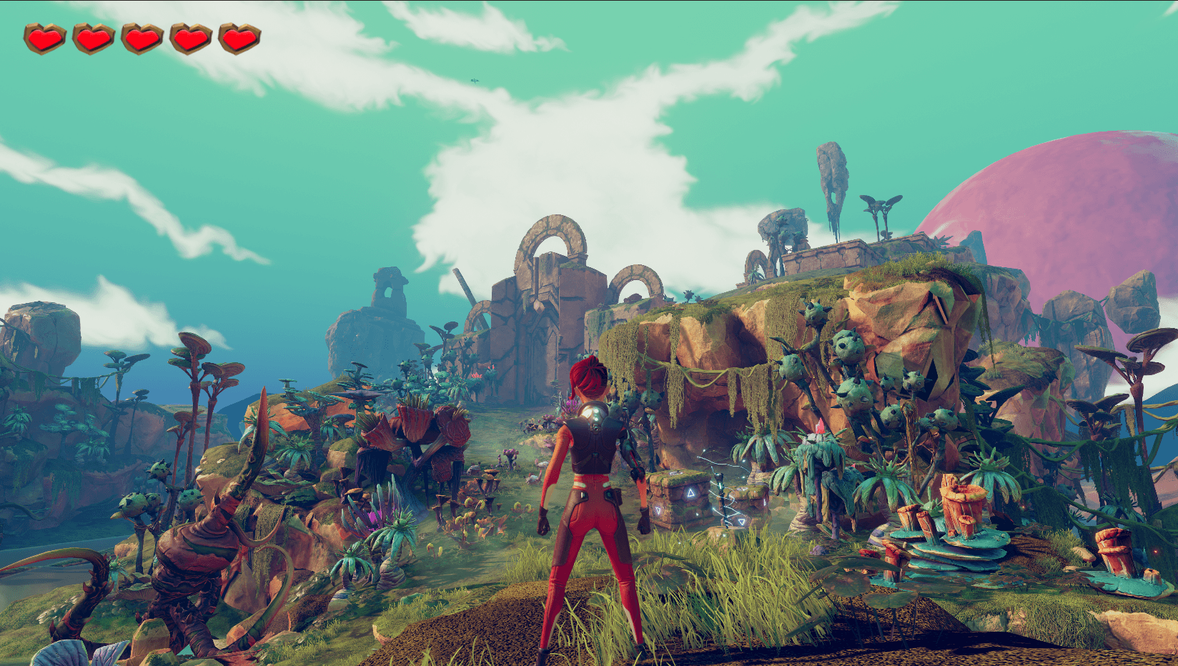 Unity's 3D Game Kit sample scene — the player character amid dense alien vegetation and ruins. That vegetation is exactly what Static Batching duplicated into ~550 MB of Combined Mesh.