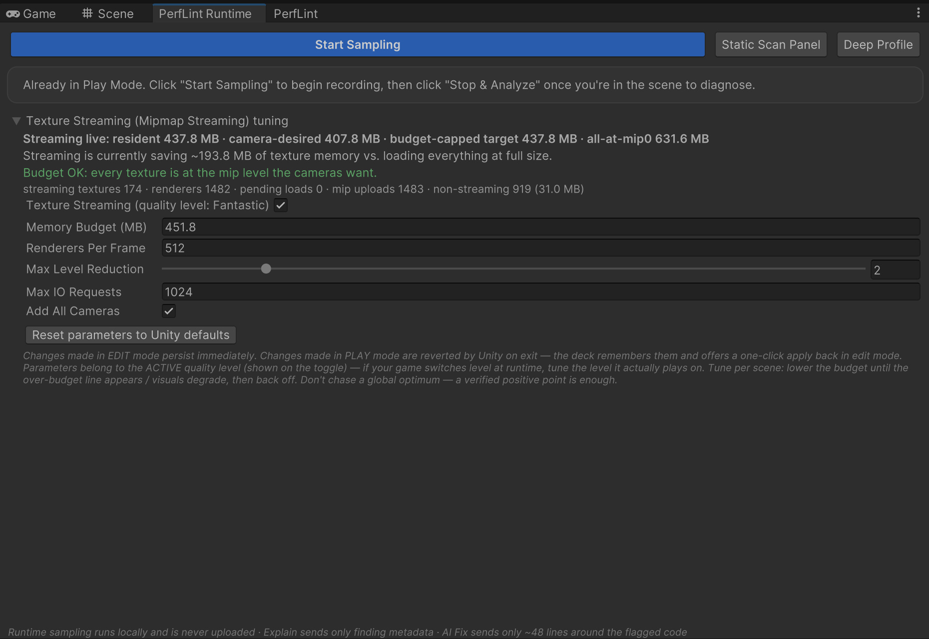 PerfLint's Texture Streaming tuning deck in Play Mode: streaming is saving ~193.8 MB, budget OK, with Memory Budget and other parameters editable live