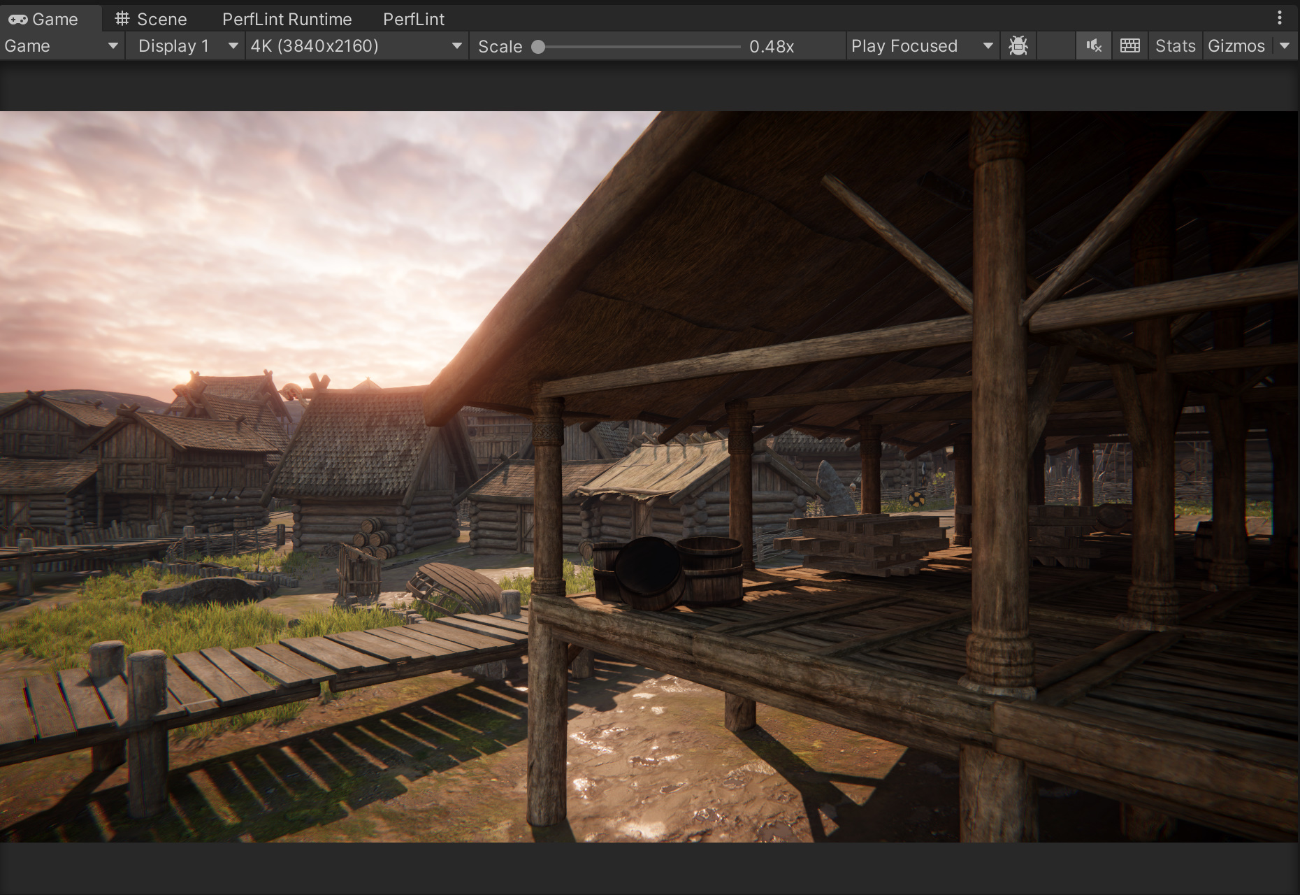 Viking Village game view at 4K with Mipmap Streaming active — no visible texture quality loss