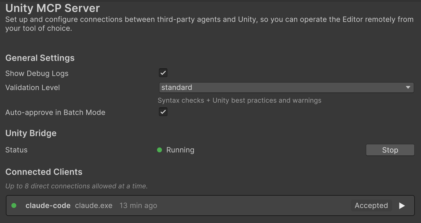Unity's Unity MCP Server settings panel: Unity Bridge status Running, and Claude Code (claude.exe) listed under Connected Clients as Accepted