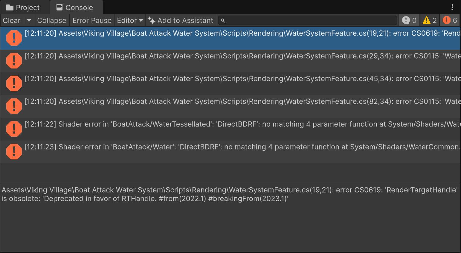 Unity 6 Console showing six errors in Viking Village: CS0619 RenderTargetHandle is obsolete, CS0115 override errors, and two DirectBDRF shader errors