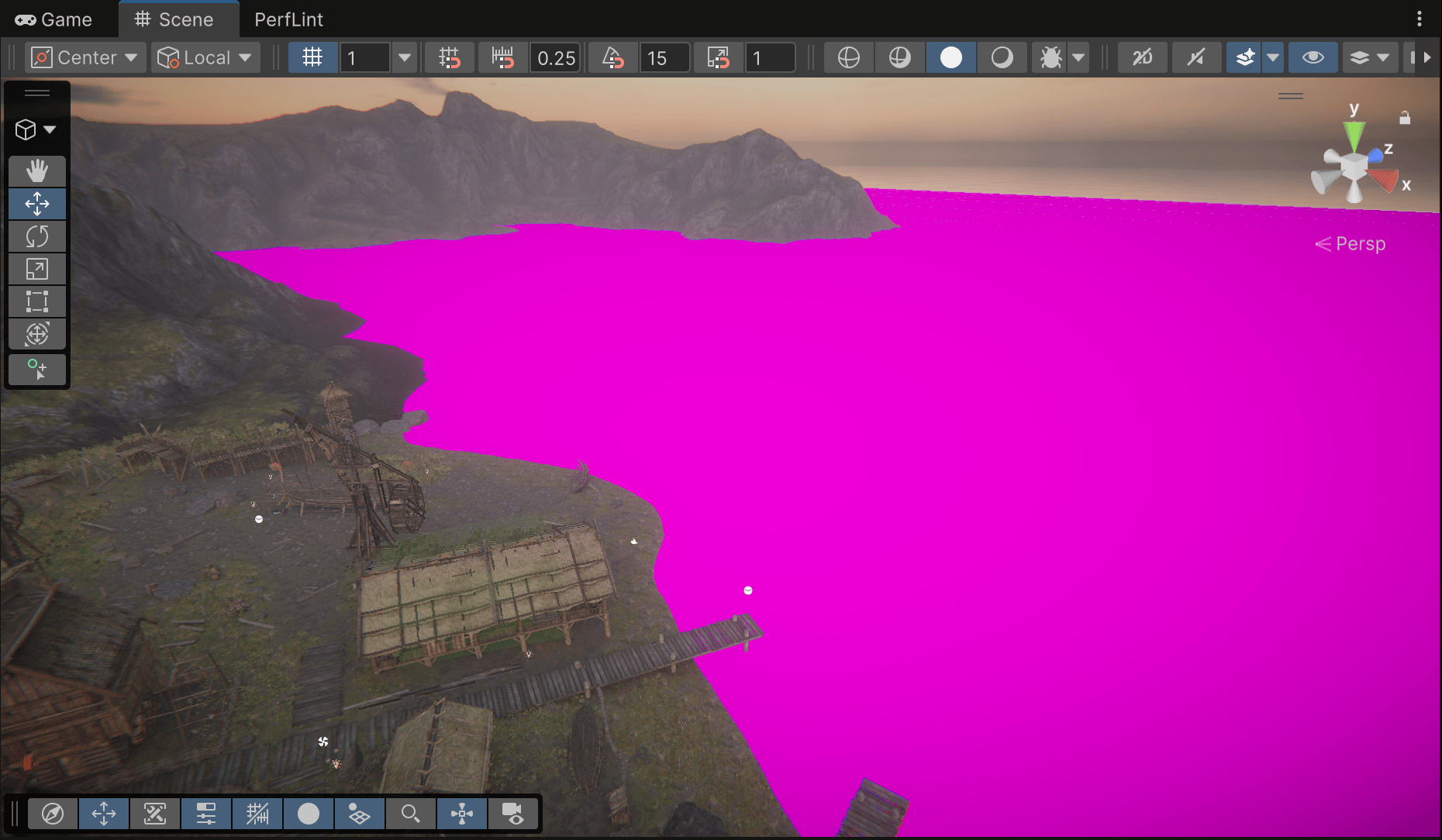 Viking Village scene view in Unity 6 with the entire bay rendering solid magenta because the water shaders fail to compile
