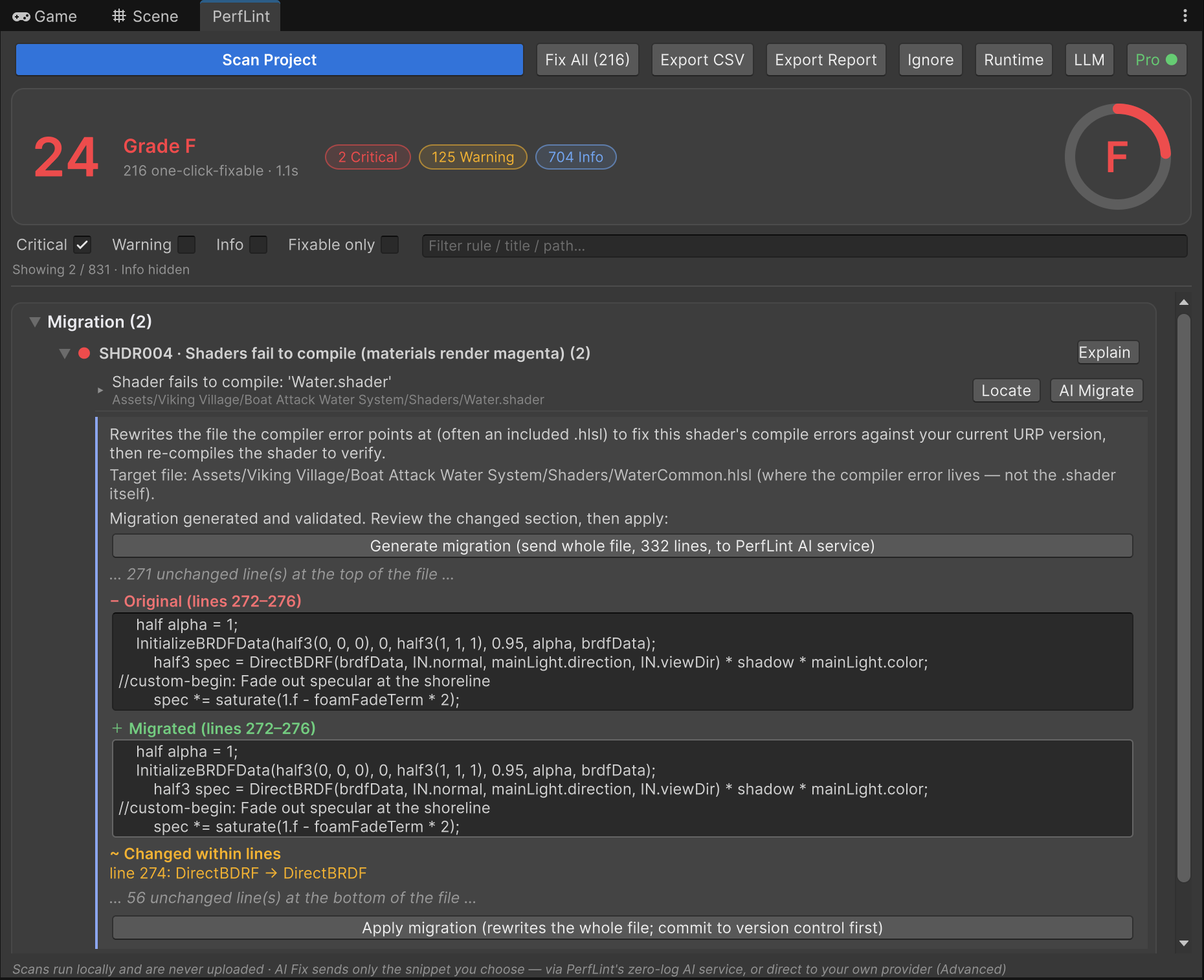 AI Migrate diff for the water shader: the in-line change summary highlights DirectBDRF renamed to DirectBRDF on line 274
