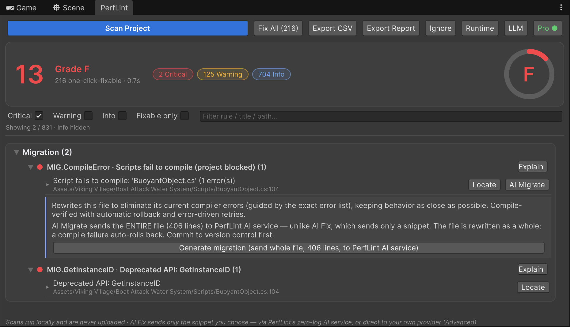 AI Migrate panel for BuoyantObject.cs: rewrites the file guided by its compiler errors, compile-verified with automatic rollback