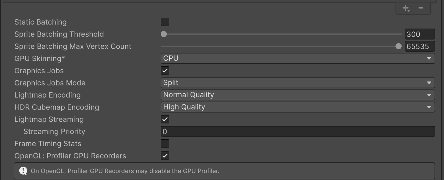 Unity Player Settings with the Static Batching checkbox unchecked